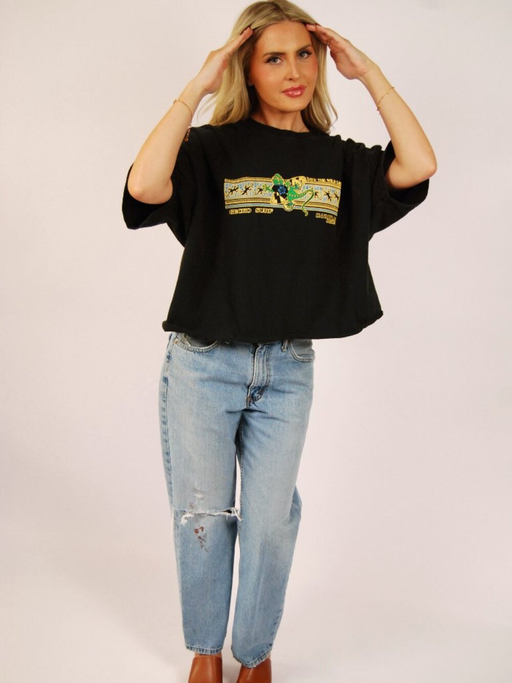 Y2K Gecko Surf Crop T-Shirt (XXL) black vintage yellow blue short sleeve skater